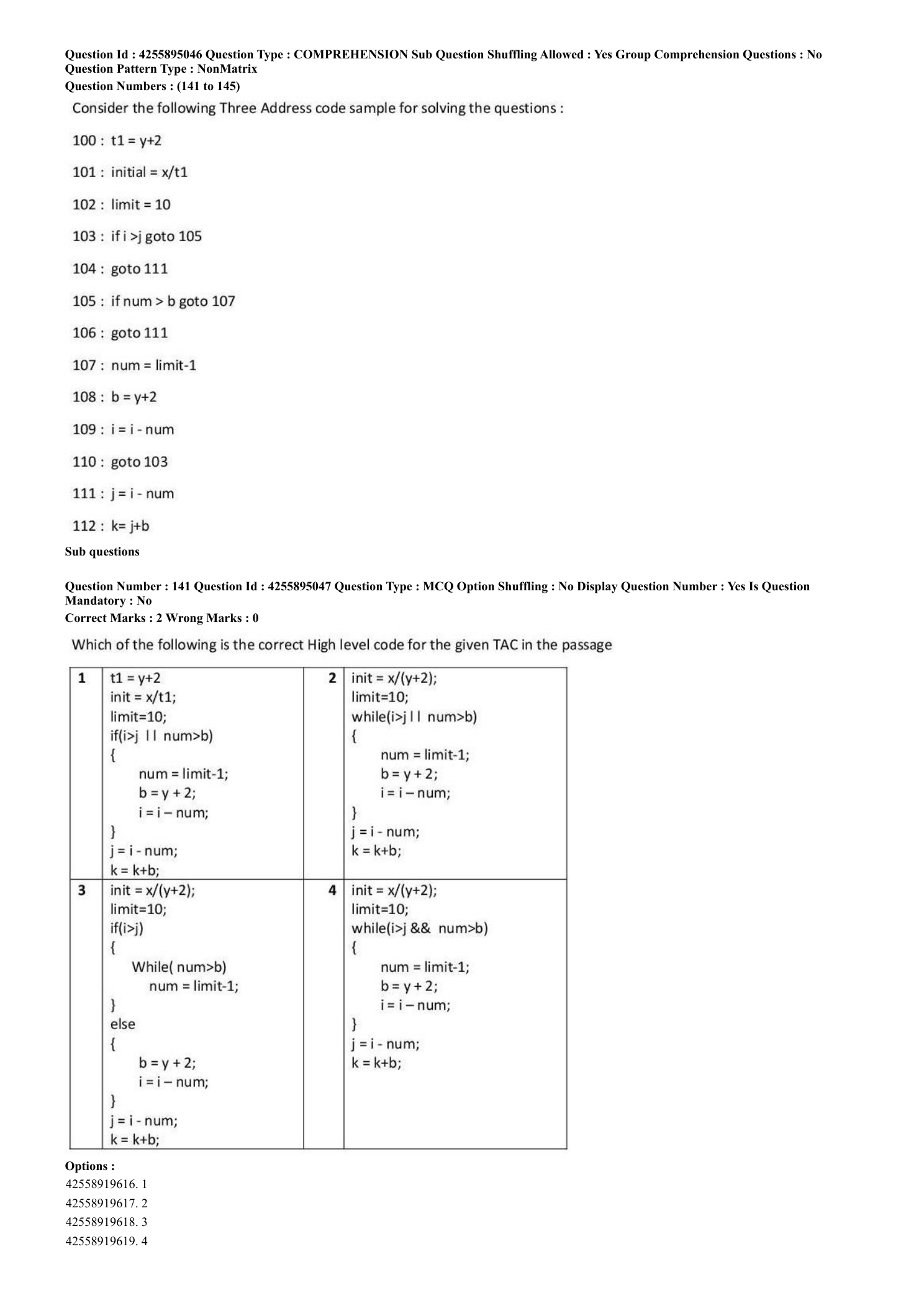 Three-address code and its four high-level-code alternatives.