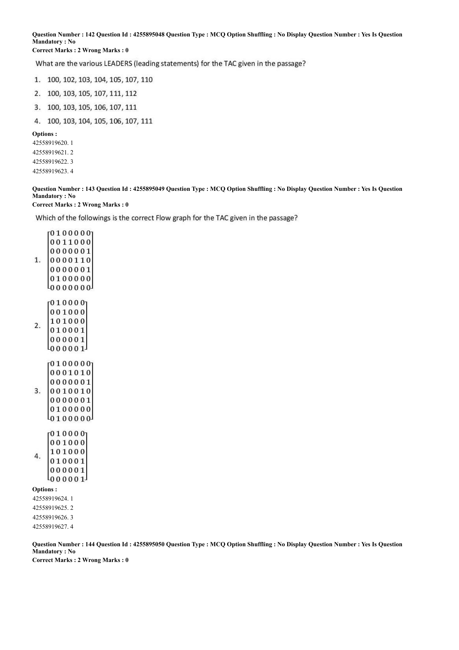 Four adjacency-matrix flow-graph alternatives for the three-address code.